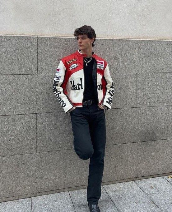 Red x White Marlboro Leather Racing Jacket – Vintage Motorcycle Biker Jacket