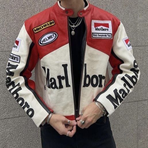 Red x White Marlboro Leather Racing Jacket – Vintage Motorcycle Biker Jacket