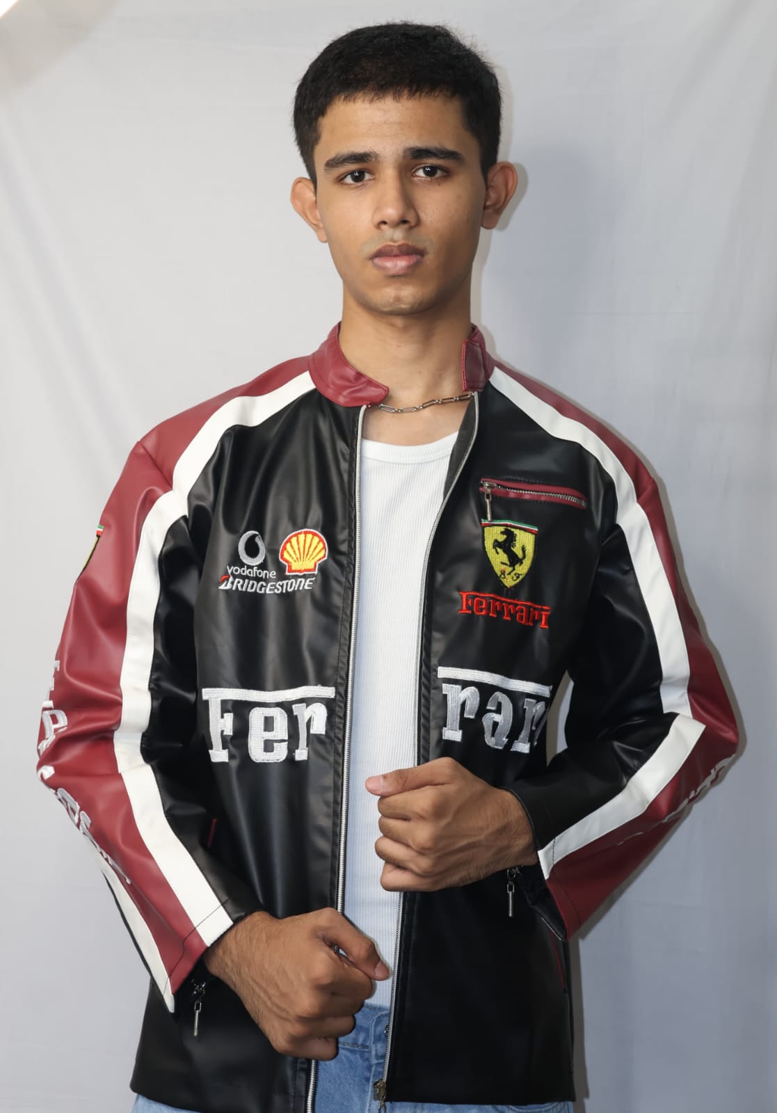 Ferrari Maroon and Black Leather Jacket (Embroidered)