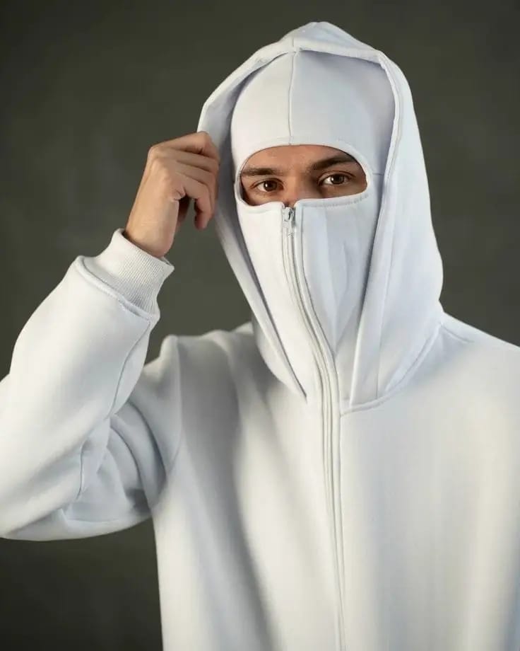 Full-Zip Ninja Face Cover Hoodie – White Edition