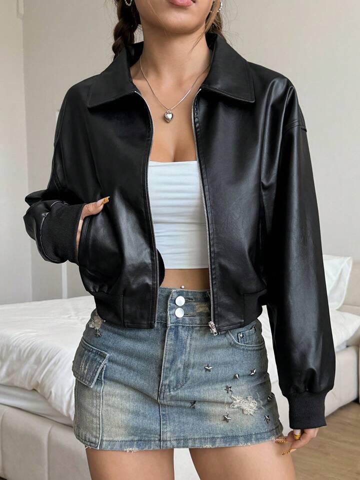 Cropped Faux Leather Bomber Jacket