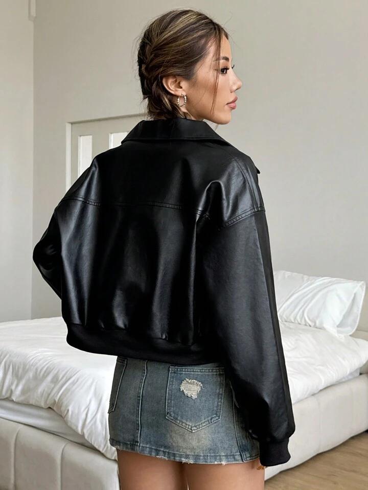 Cropped Faux Leather Bomber Jacket