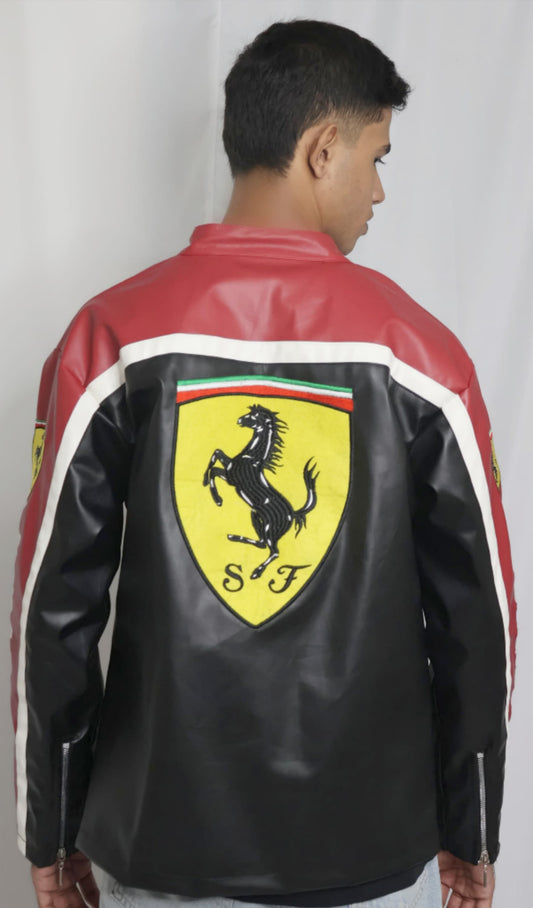 Ferrari Maroon and Black Leather Jacket (Embroidered)