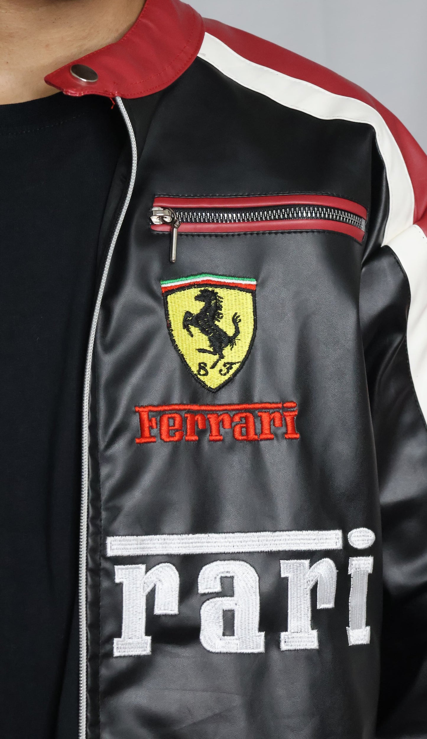 Ferrari Maroon and Black Leather Jacket (Embroidered)