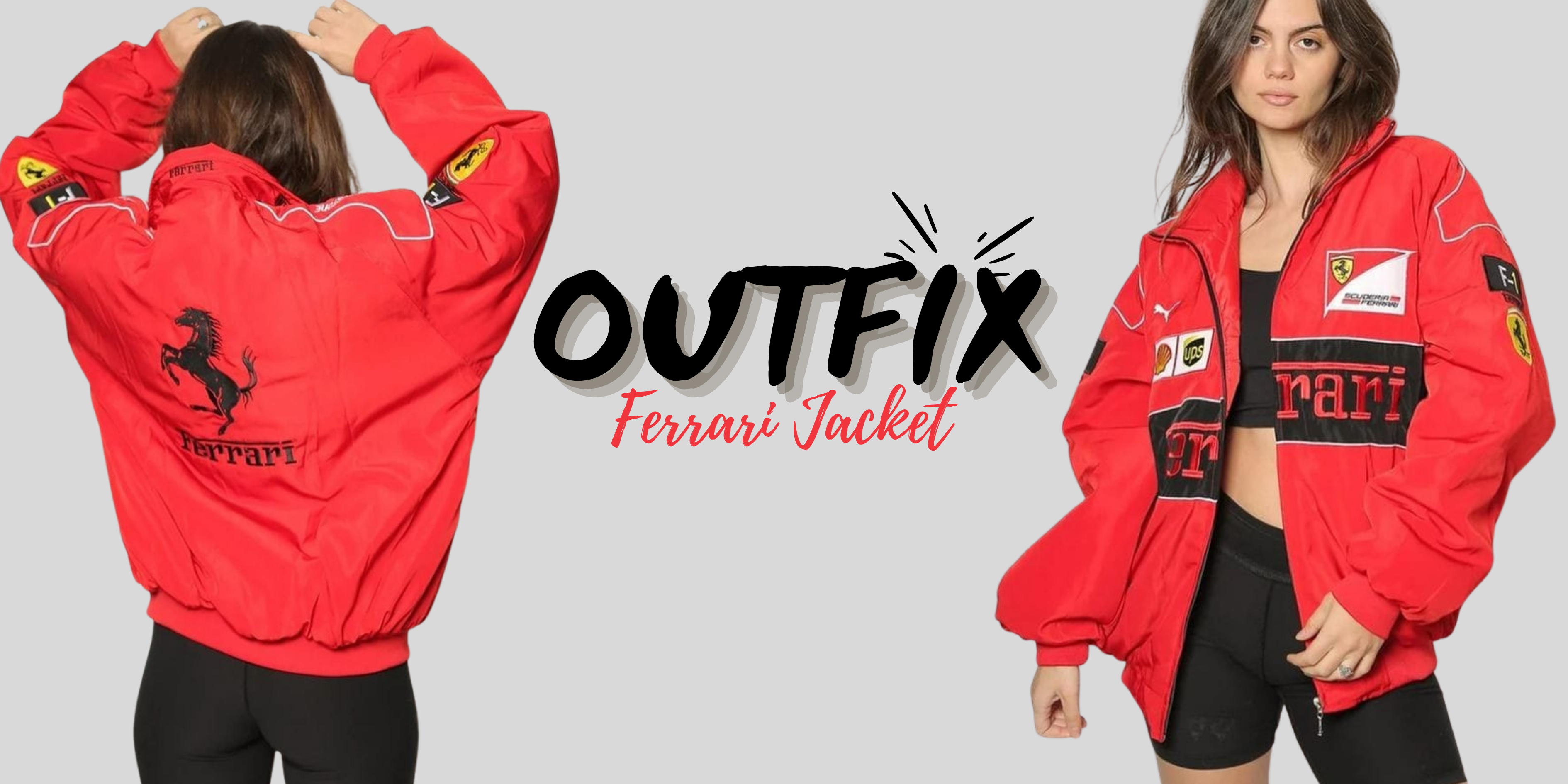 Red Ferrari jacket displayed from front and back on a gray background with 'OUTFIX' branding.