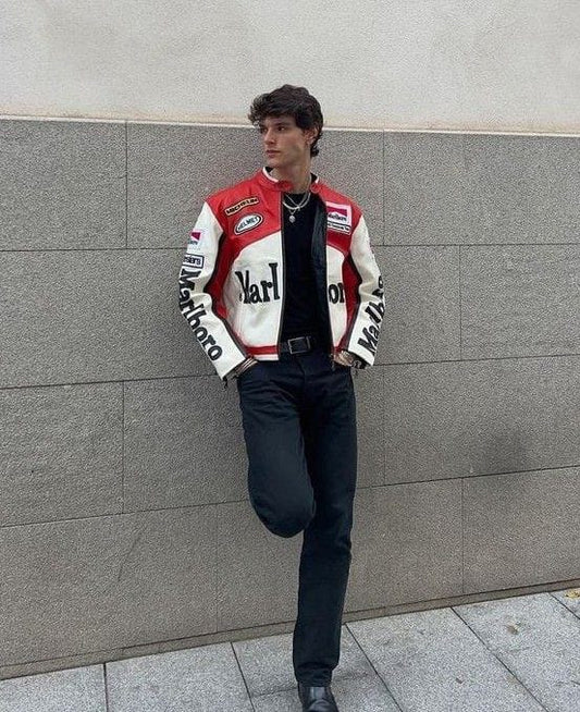 Red x White Marlboro Leather Racing Jacket – Vintage Motorcycle Biker Jacket