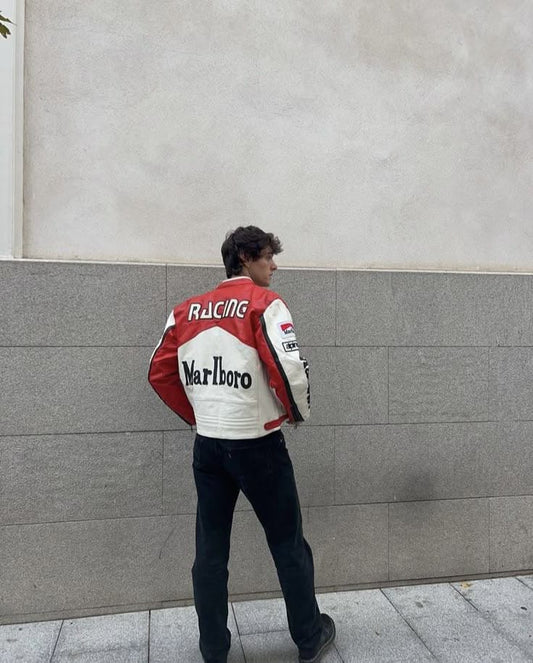 Red x White Marlboro Leather Racing Jacket – Vintage Motorcycle Biker Jacket