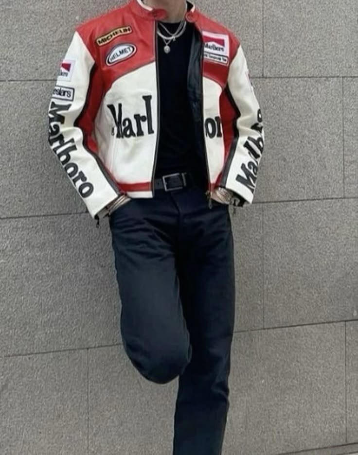 Red x White Marlboro Leather Racing Jacket – Vintage Motorcycle Biker Jacket