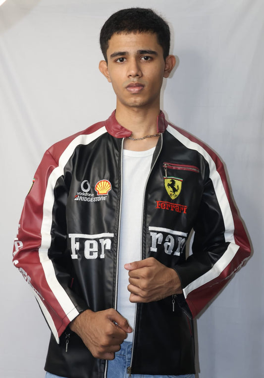 Ferrari Maroon and Black Leather Jacket (Embroidered)