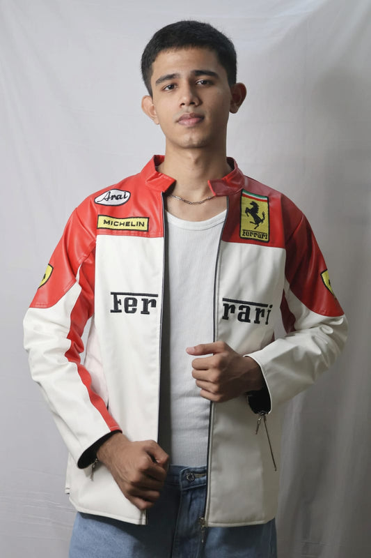 Ferrari Racing White Leather Jacket – Premium F1 Motorsport Outerwear for True Speed Enthusiasts