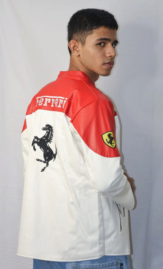 Ferrari Racing White Leather Jacket – Premium F1 Motorsport Outerwear for True Speed Enthusiasts