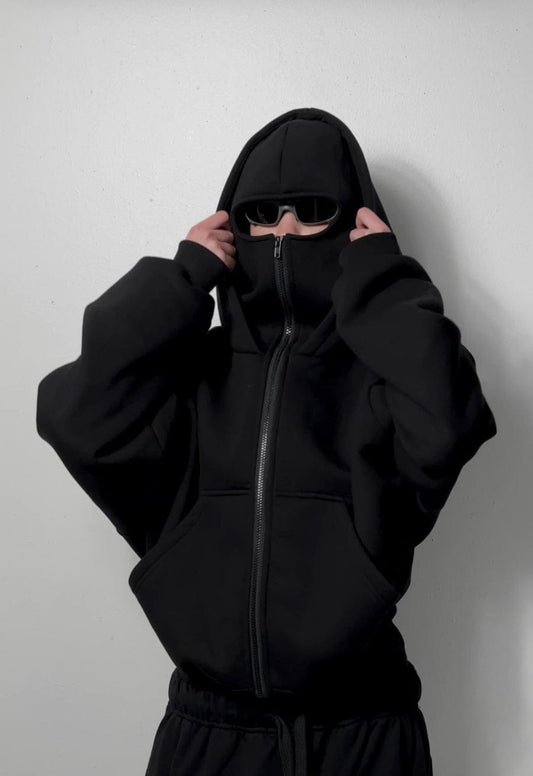 Full-Cover Black Zip-Up Hoodie