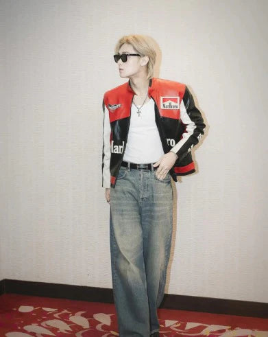 Red x Black Marlboro Leather Racing Jacket – Vintage Motorcycle Biker Jacket