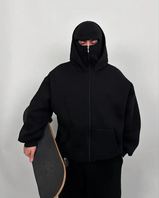 Full-Cover Black Zip-Up Hoodie