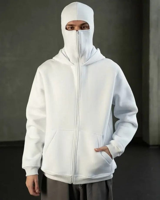 Full-Zip Ninja Face Cover Hoodie – White Edition