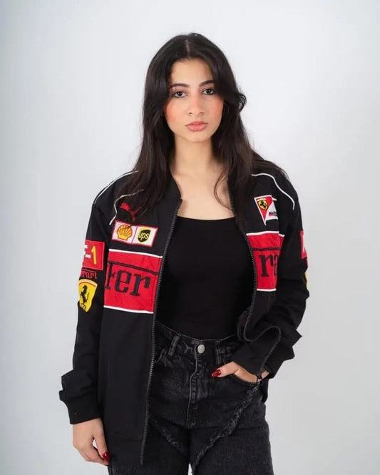 Ferrari F1 Racing Jacket – Black & Red [Embroidered]