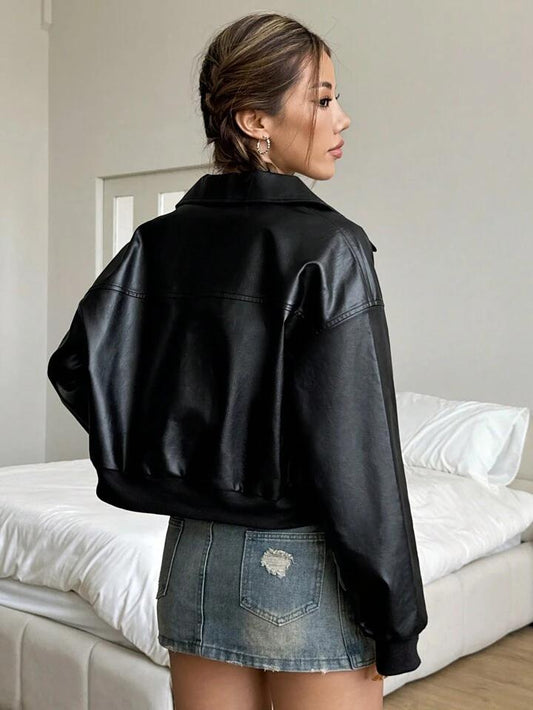Cropped Faux Leather Bomber Jacket